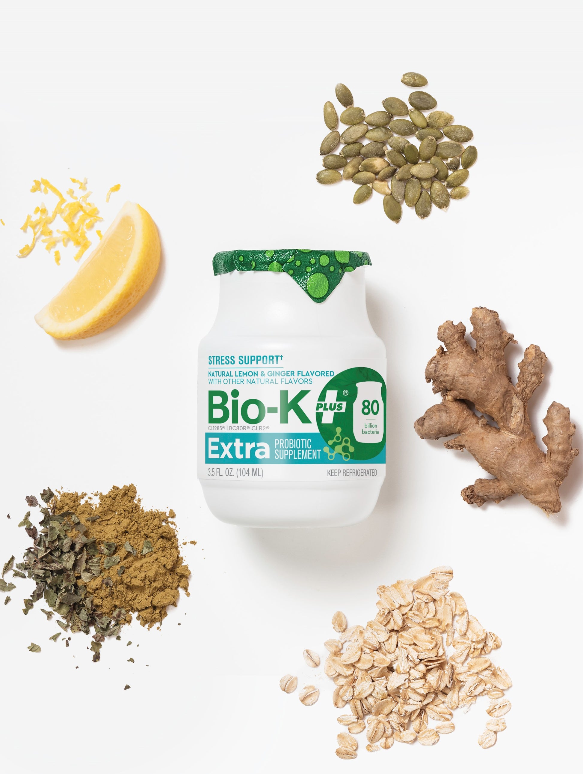 Bio-K+ stress support bottle with lemon, pumpkin seeds, ginger and oats