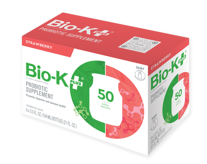 6-pack of Bio-K+ Strawberry FERMENTED DAIRY DRINKABLE PROBIOTIC