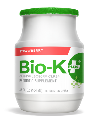 Bottle of Bio-K+ Strawberry FERMENTED DAIRY DRINKABLE PROBIOTIC