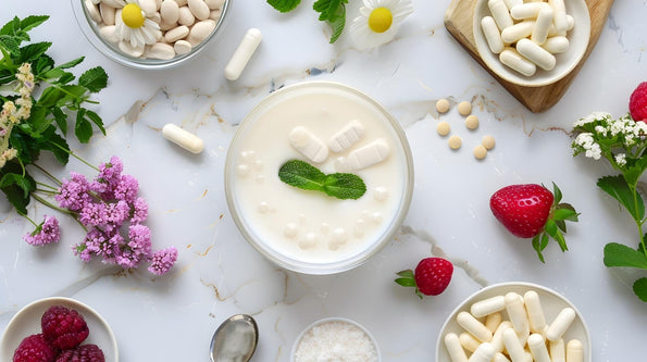 Probiotic capsules alongside yogurt and fermented foods for gut health wellness.