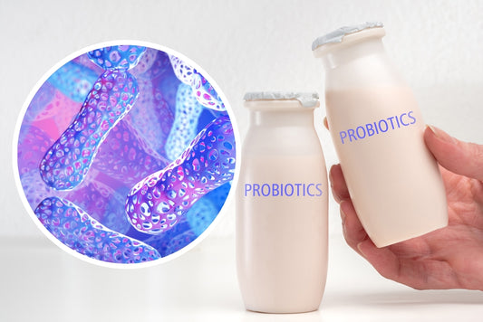 Microbiome on purple background and hand holding probiotics bottles