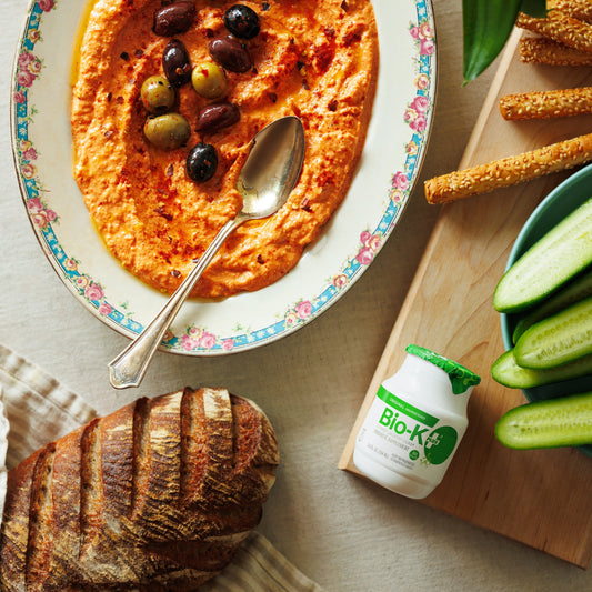 FETA & ROASTED RED PEPPER DIP with a bottle of Bio-K+ Original