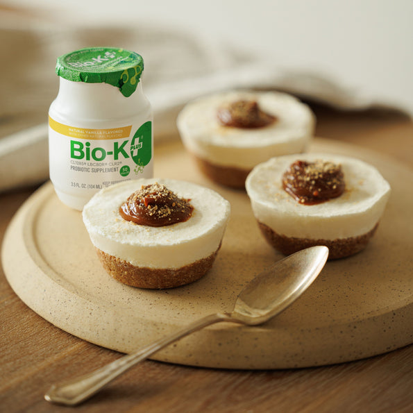 MINI PROBIOTIC CHEESECAKES WITH DULCE DE LECHE DRIZZLE