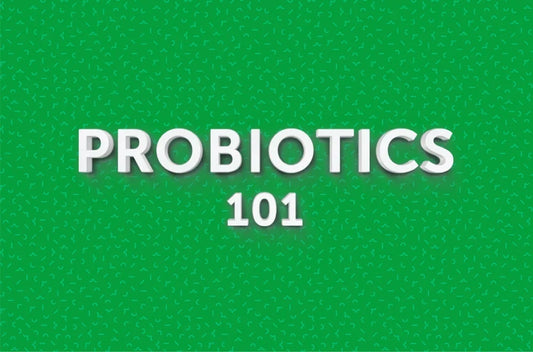 Probiotics 101 text on a green patterned background