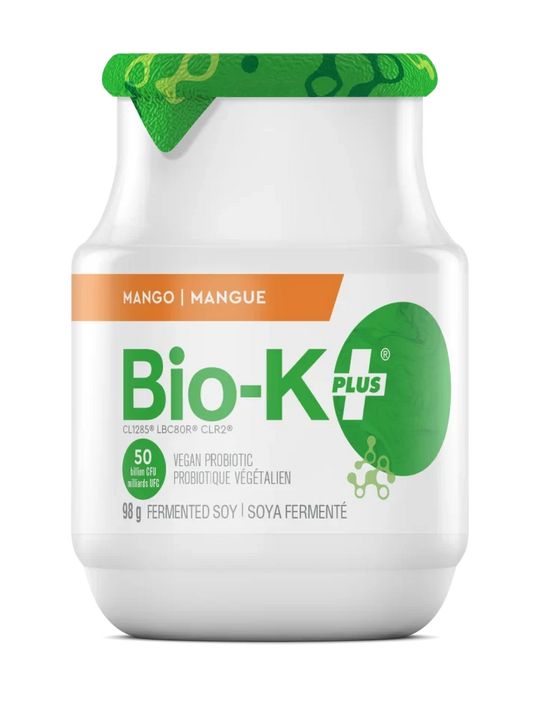 Bio-K+ Mango probiotic fermented soy drink, 98g bottle, 50 billion CFU vegan probiotic.