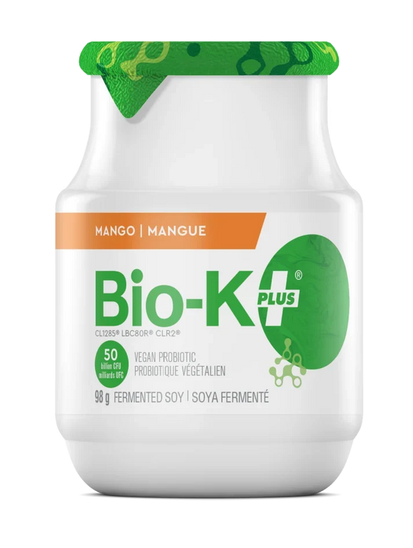 Bio-K+ Mango probiotic fermented soy drink, 98g bottle, 50 billion CFU vegan probiotic.