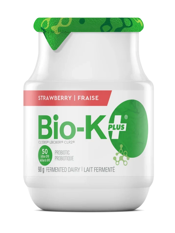 Bio-K+ Strawberry probiotic fermented dairy, 50 billion CFU, 98g bottle.
