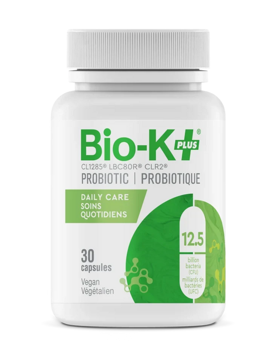 Bio-K+ Daily Care probiotic bottle, 30 vegan capsules, 12.5 billion CFU with CL1285, LBC80R and CLR2 strains.