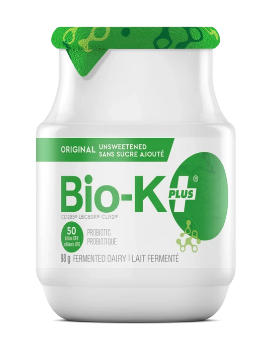 Bio-K+ Original Unsweetened probiotic fermented dairy, 50 billion CFU, 98g bottle.
