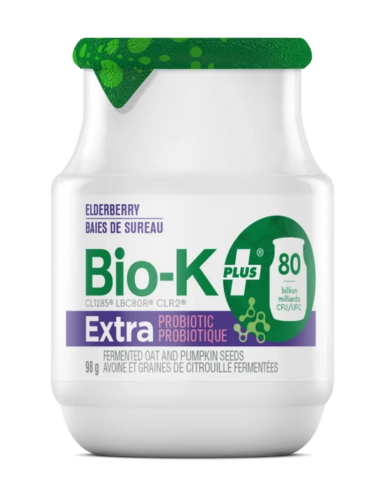 Bio-K+ Extra probiotic elderberry flavor, 80 billion CFU, fermented oat and pumpkin seed base, 98g bottle.