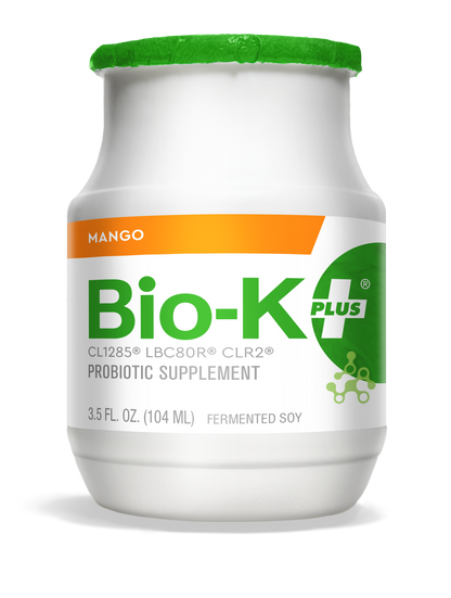 Bottle of Bio-K+ Mango FERMENTED SOY VEGAN DRINKABLE PROBIOTIC